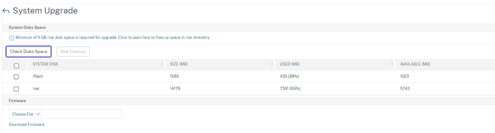 NetScaler upgrade firmware, free disk space check