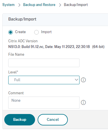 NetScaler backup and restore screen